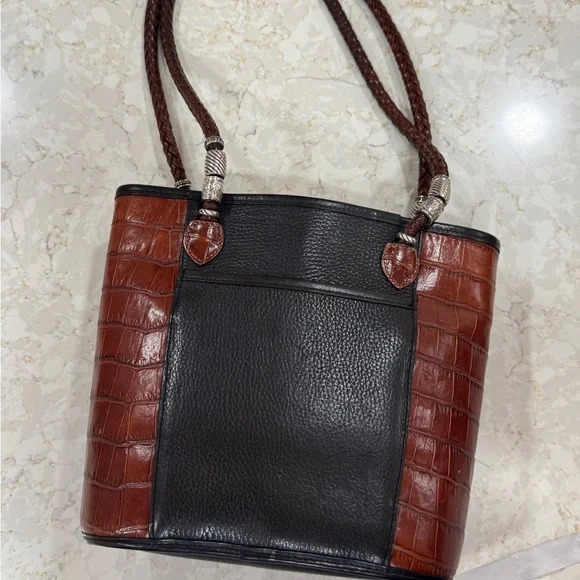 Brighton Caroline Bucket Purse Handbag Tote Black Leather Brown Croc & Dust Bag - Picture 7 of 10